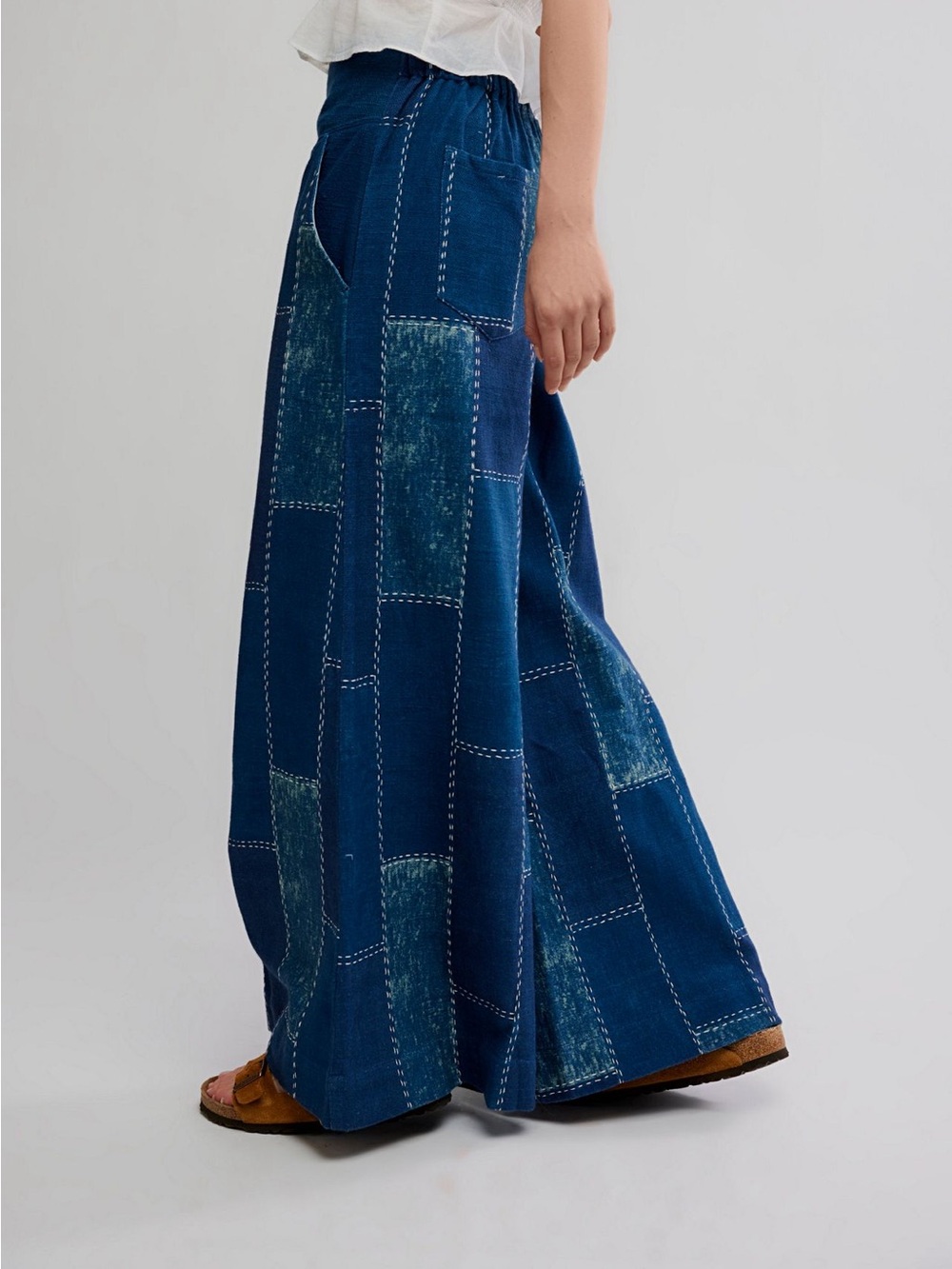 Free People Patches Wide-Leg Flare Jeans Pants Patchwork Boho Blue $248